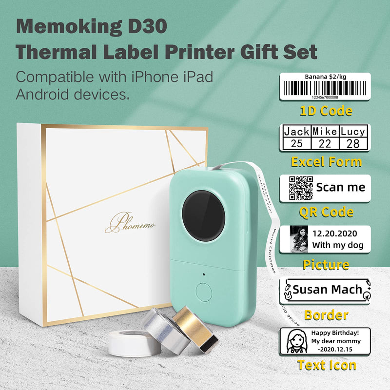 Memoking D30 Label Maker Sticker Machine-Thermal Label x 3, Thermal Label Printer Portable Label Maker, Compatible with iPhone iPad Android for Business Home Office, Green