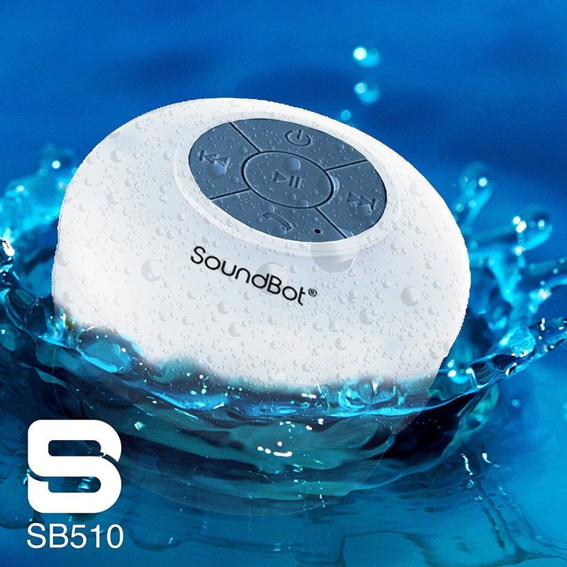 SoundBot SB510 HD Water Resistant Bluetooth 4.0 Shower Speaker, Handsfree Portable Speakerphone with Built-in Mic, 6hrs of Playtime, Control Buttons and Dedicated Suction Cup for Showers (White) WHT