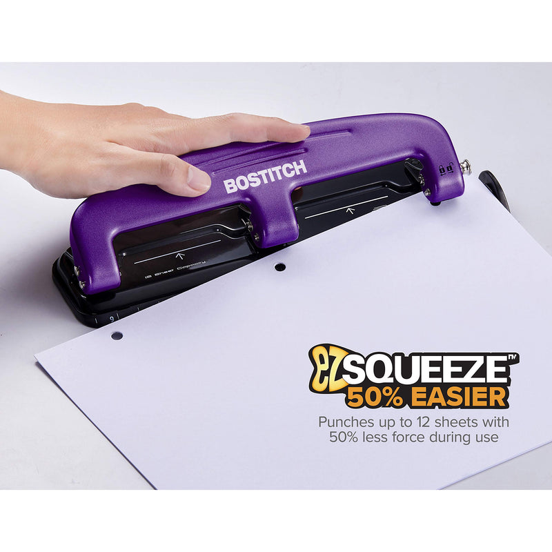 Bostitch Office EZ Squeeze Reduced Effort 3-Hole Punch, 12 Sheets, Purple,black , 1.6" x 3" x 11"