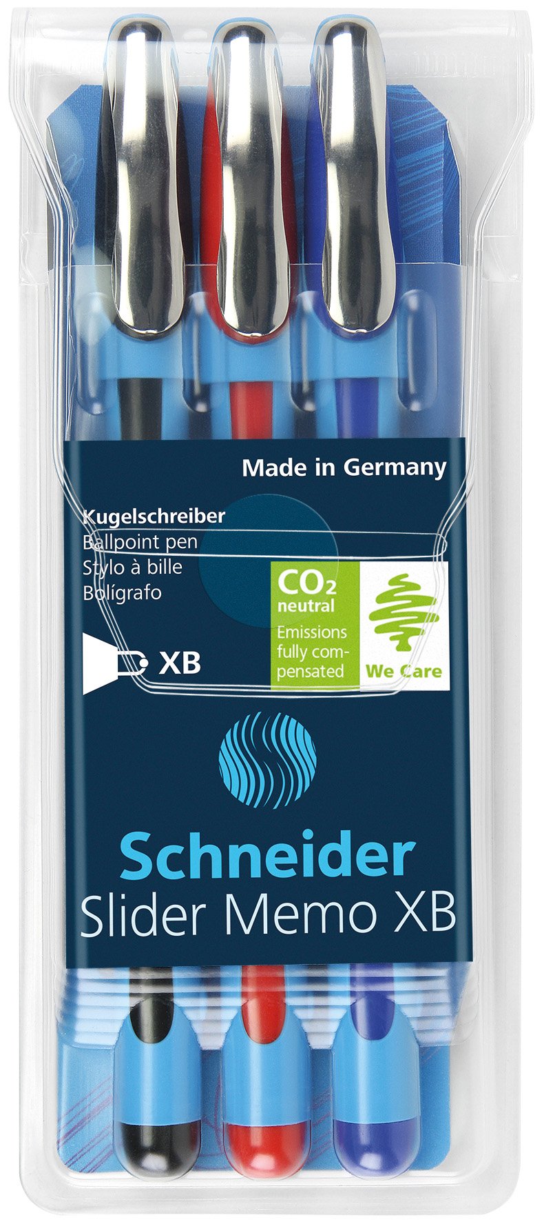 Schneider Slider Memo XB Ballpoint Pen, 3-Pack, Black/Blue/Red (150293) Pack of 3