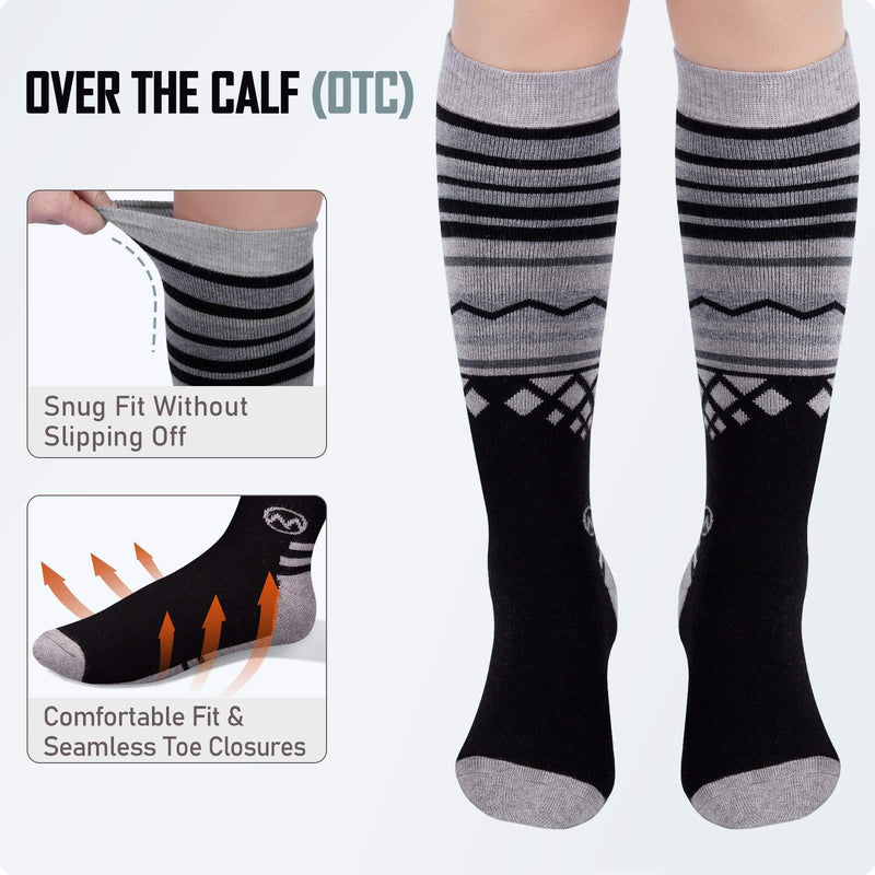 Ski Socks 2-Pack Merino Wool, Over The Calf (OTC) Non-Slip Cuff for Men & Women Black Medium
