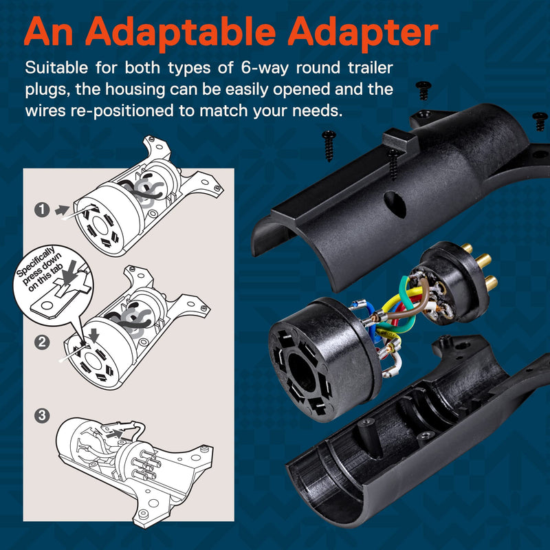 ONLINE LED STORE 7-Way Blade to 6-Way Round Trailer Adapter [Nickel-Plated Copper Terminals] [Rugged Nylon Housing] [Compact Design] 7-pin to 6-pin Trailer Wiring Plug Adapter
