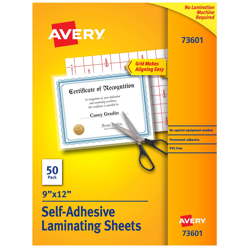 Avery Clear Laminating Sheets, 9" x 12", Permanent Self-Adhesive, 50 Sheets (73601)