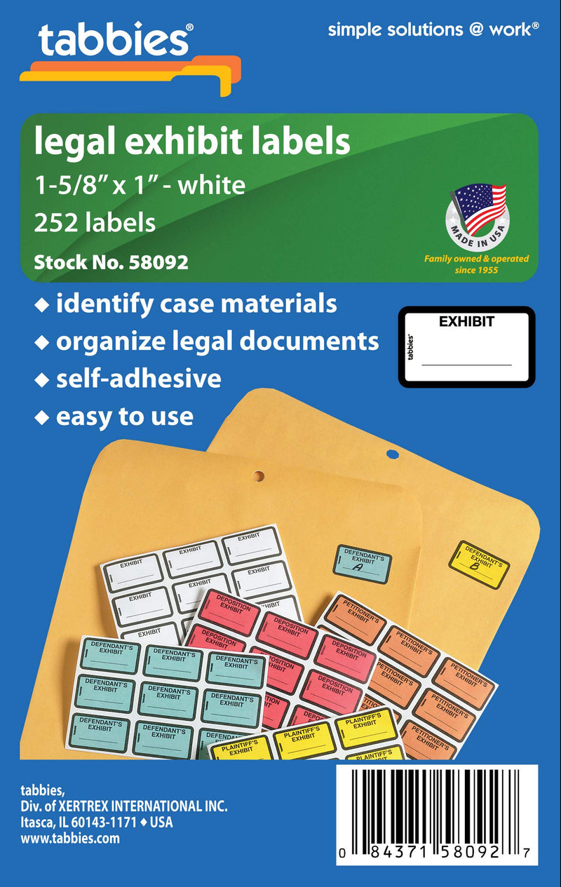 Tabbies Legal Exhibit Labels, Label: 1-5/8"W x 1"H, Sheet: 5-1/4"W x 3-1/4"H White,"Exhibit" 252 Labels/Pack (58092) Exhibit (White)