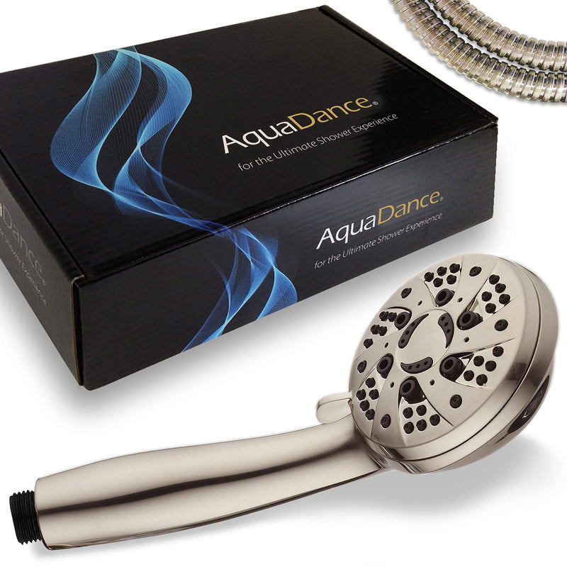 AquaDance High Pressure 6-Setting Full Brushed Nickel Handheld Shower Head with Stainless Steel Hose. Officially Independently Tested to Meet Strict US Quality & Performance Standards!