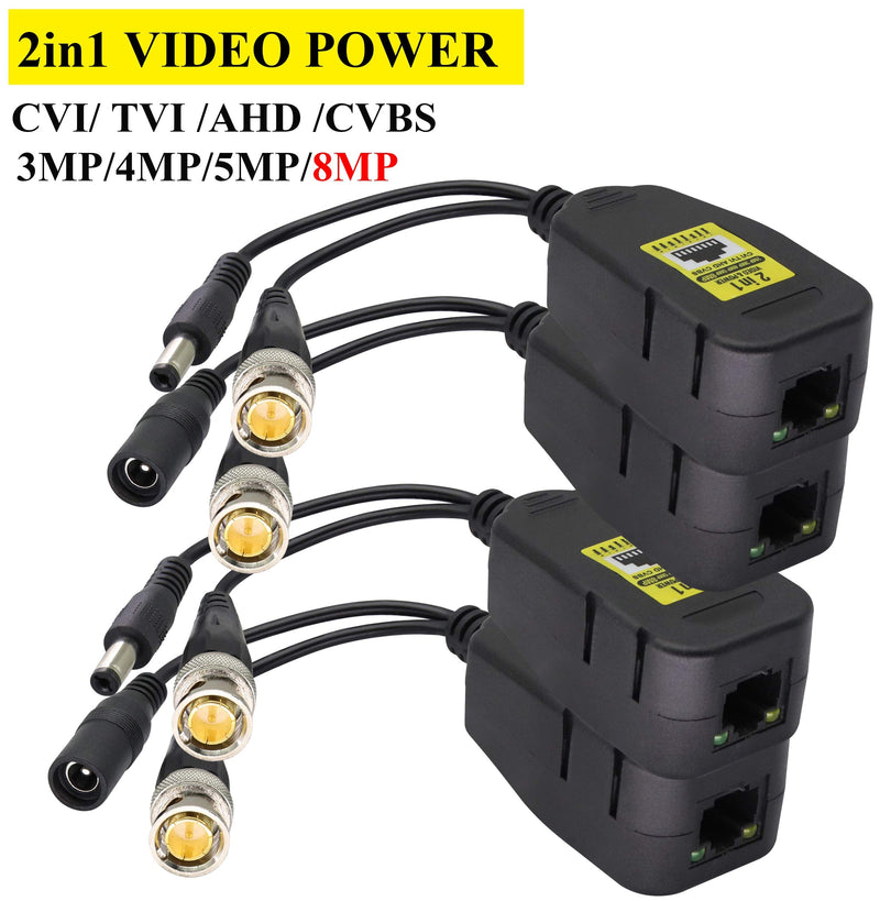 AAOTOKK Power Video Balun DC BNC to Cat5 RJ45 Network Transceiver HD-CVI/TVI/AHD/CVBS with DC Connector for 720P 960P 1080P 3MP 4MP 5MP 8MP CCTV Security DVR Surveillance Camera System(18cm-4Pairs) 4Pairs