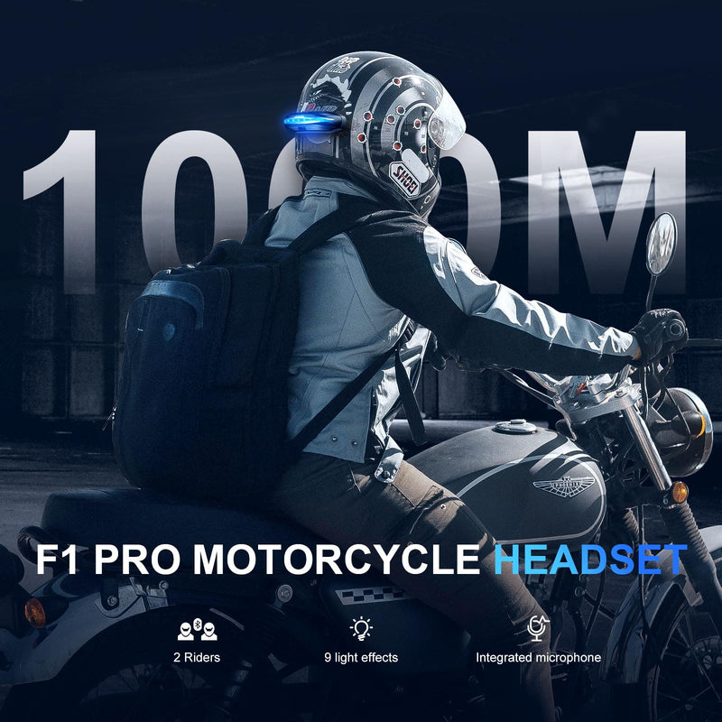 FODSPORTS Motorcycle Bluetooth Headset with Warning Light, F1 PRO 2-Way Helmet Intercom, 9 Effects Motorcycle Helmet Light, Magnetic Mount, EQ Sound/FM/IP67/1500mAh