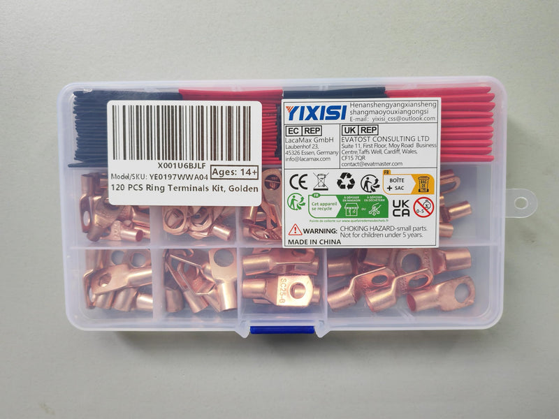 YIXISI 120 pieces ring cable lugs set, tubular battery cable ends, copper cable lugs, for vehicles, cars, motorcycles, boats, with heat shrink tubing, golden with heat shrink tubing