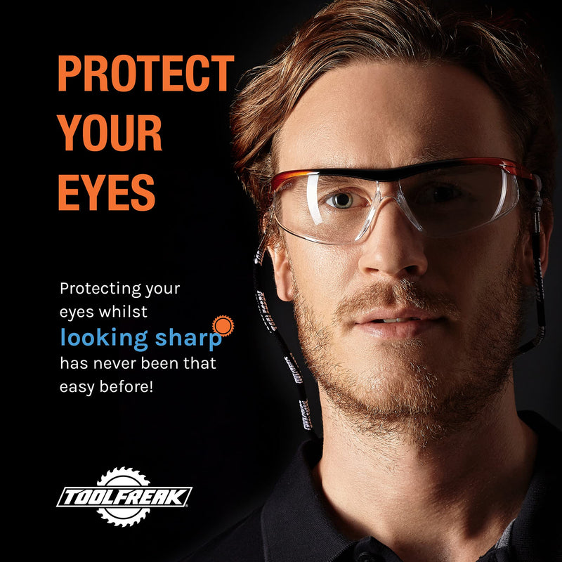 ToolFreak Agent Safety Glasses, Wraparound Lens, U6 UV and Impact Rating to ANSI z87.1, Pouch and Neck Cord Clear Lens