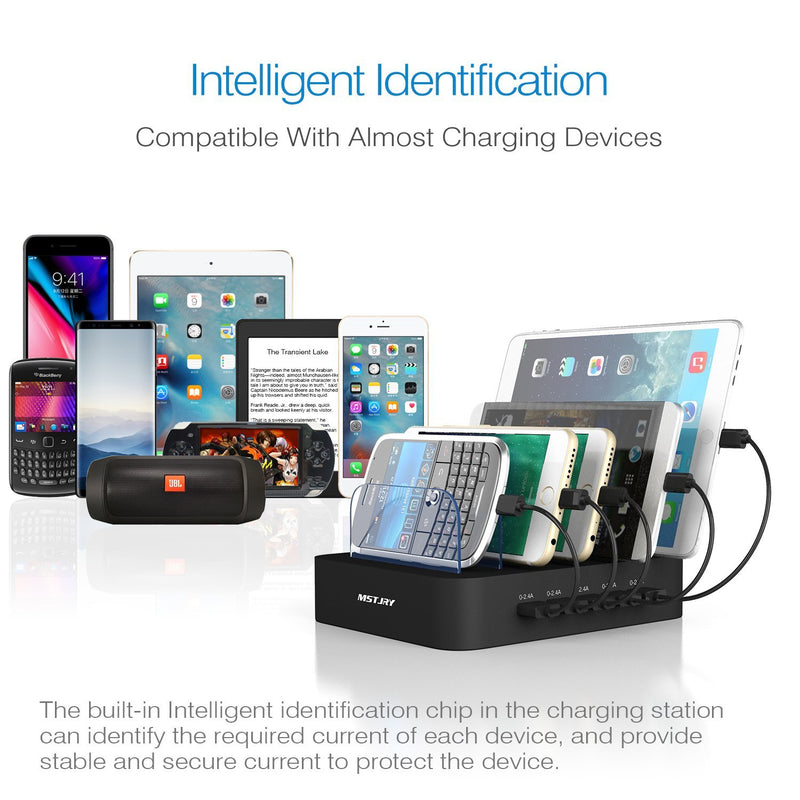 Charging Station for Multiple Devices, MSTJRY USB Charging Station Dock Switch Cell Phone 5 Port Charging Station, Compatible with iPhone iPad Cell Phone Tablets (Black, 5 Short Cables Included) Black