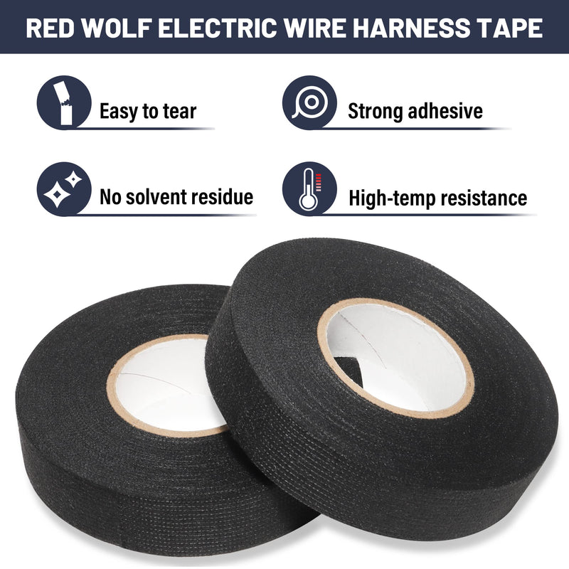 RED WOLF Wiring Harness Tape High Temp Wire Cable Loom Self-Adhesive Fabric Tape for Electrical Automotive Engine Harness Wrap Protection Noise Damping Cables Fixed 3/4 Inch x 49 FT 5 Rolls