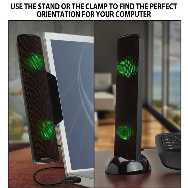 GOgroove SonaVERSE LED Speaker for Laptop Computer - USB Powered Clip-On Sound Bar with Mini Portable External Speaker Design for Monitor, Back Switch for Power - Audio Input and Power (Green) Green