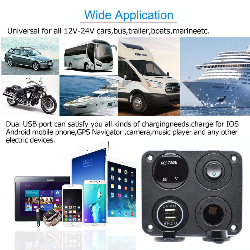 Cllena Dual USB Socket Charger 2.1A&2.1A + LED Voltmeter + 12V Power Outlet + ON-Off Toggle Switch Four Functions Panel for Car Boat Marine RV Truck Camper Vehicles GPS Mobiles (Green) Multi-Functions Panel - Green