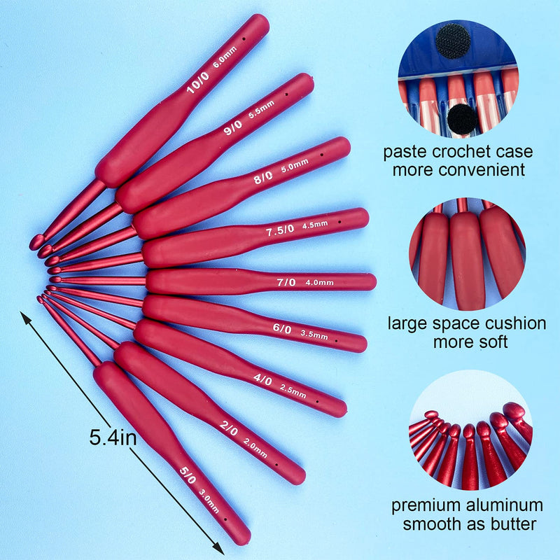 Ergonomic Crochet Hooks Set,Silicone Crochet Hook Knititng Needles for Arthritic Hands Premium Soft Grip Crochet Handles for Crocheting Yarn Craft Projects(2.0mm-6mm,Red)