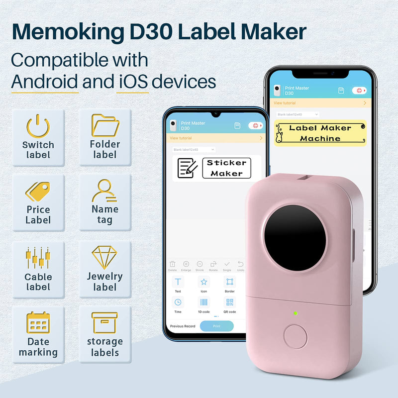 Memoking D30 Label Maker Set- Label x 5 Included, Bluetooth Thermal Label Maker Machine, Smart Mini Label Printer, Super Easy-to-Use Labeler, Compatible with iOS&Android, Pink