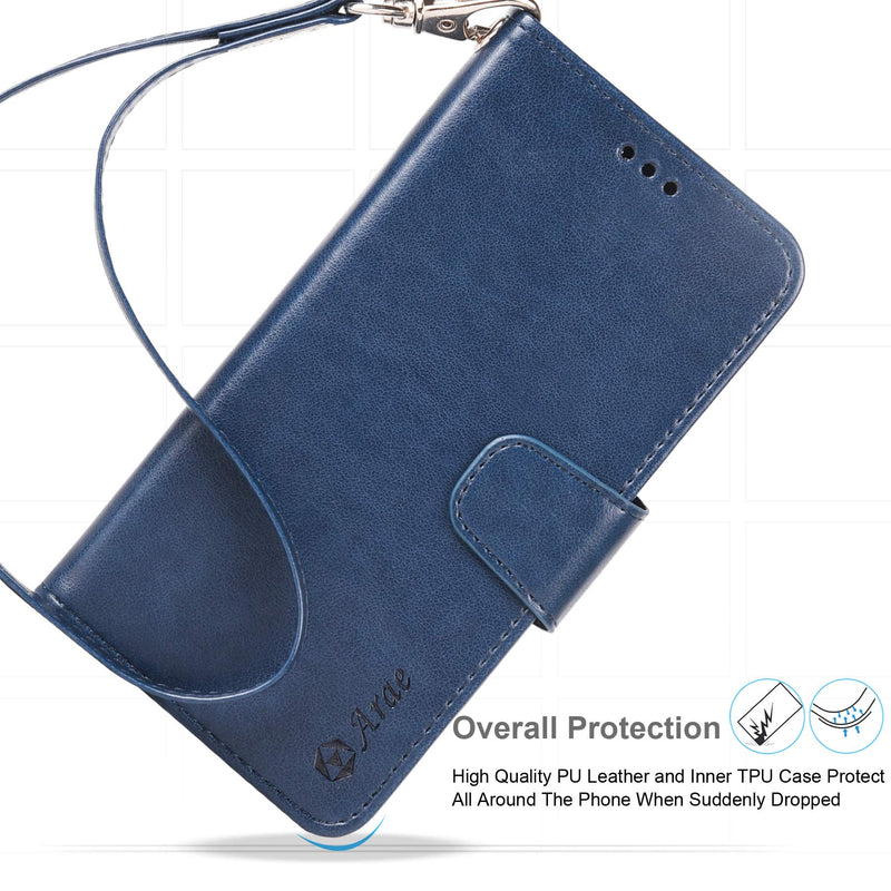 Arae Case for iPhone X/Xs, Premium PU Leather Wallet Case [Wrist Straps] Flip Folio [Kickstand Feature] with ID&Credit Card Pockets for iPhone X (2017) / Xs (2018) 5.8 inch (not for Xr) - Blue
