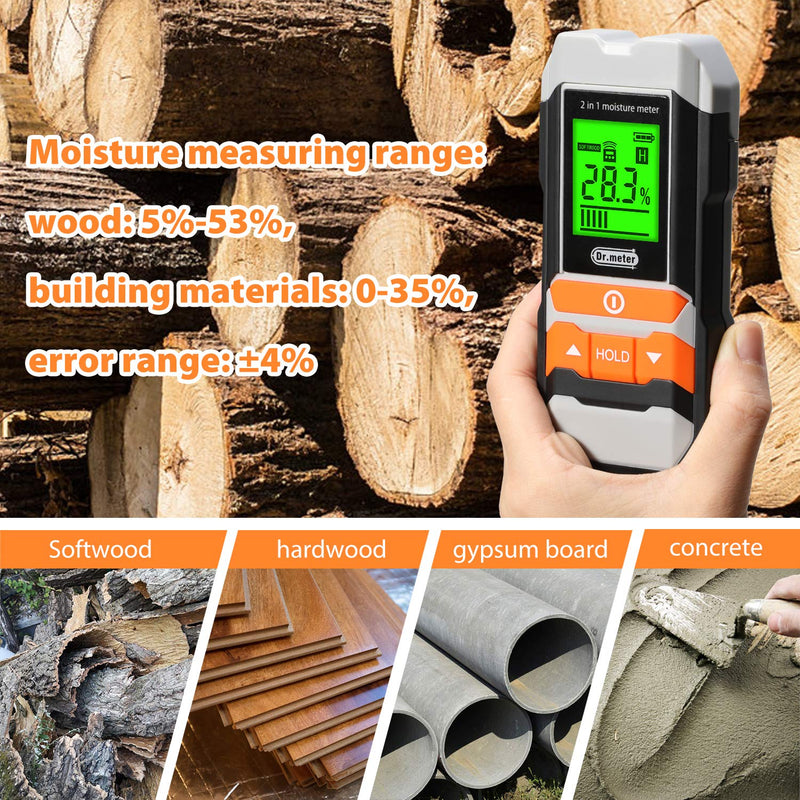 Wood Moisture Meter, 2 in 1 Pin & Pinless Moisture Tester, Dr.meter Digital Dampness Moisture Sensor Detector for Wood Firewood Drywall Paper Floor Woodworking, Water Leak Detector