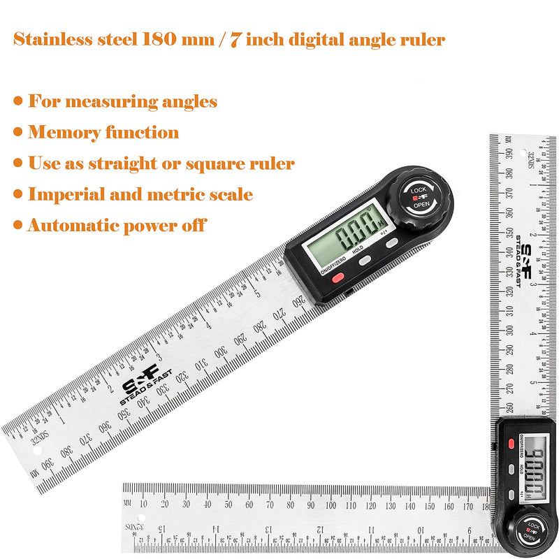 Digital Angle Finder Tool 7 Inch / 180 mm Stainless Steel with Pouch, Digital Protractor Angle Finder for Woodworking Measurement, Angle Measuring Tool by S&F STEAD & FAST Digital Angle Ruler 7 Inch