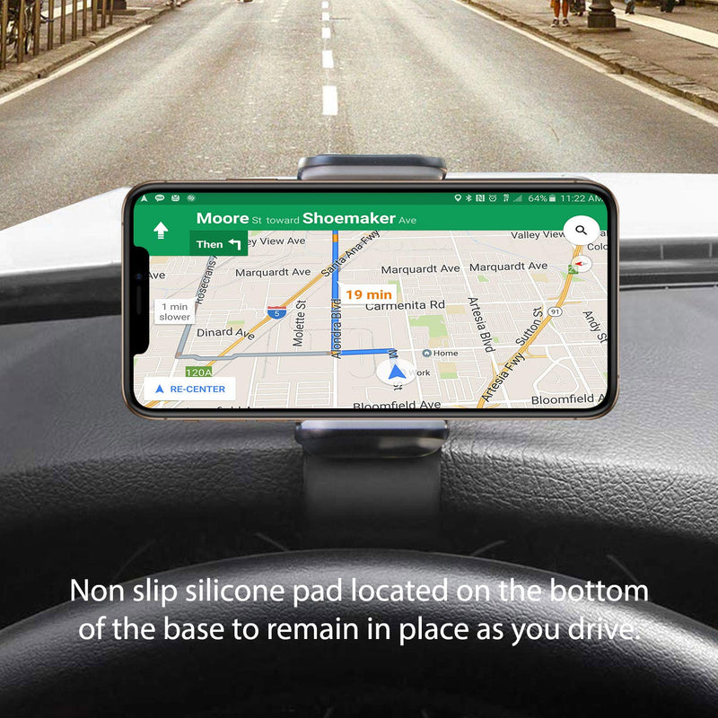 Phone Holder Mount â€“ Car Dashboard Cell Phone Holder - Clip On Adjustable Car Stand Handsfree Non Slip Cradle Compatible for Smartphones Apple iPhone Samsung Android Switch and GPS (Black)
