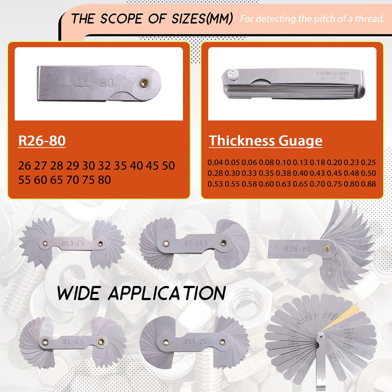 Tanstic 6Pcs Stainless Steel Feeler Gauge and Radius Gauge Set, 5Pcs R0.3-1.5/ R1-6.5/ R7-14.5/ R15-25/ R25-50 Radius Fillet Gauge with 32 Blades 0.04-0.88 mm Metric and Imperial Gap Measuring Tool