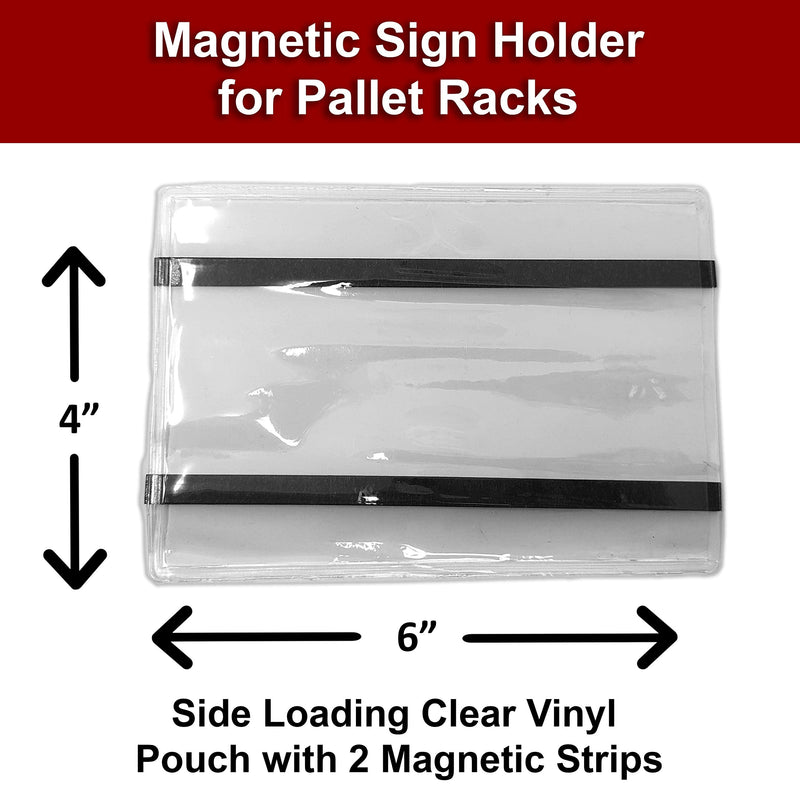 Pallet Rack Sign Holder Kit Clear Vinyl Pouch with Magnet for 4" H x 6" L Cards - 25 Pack