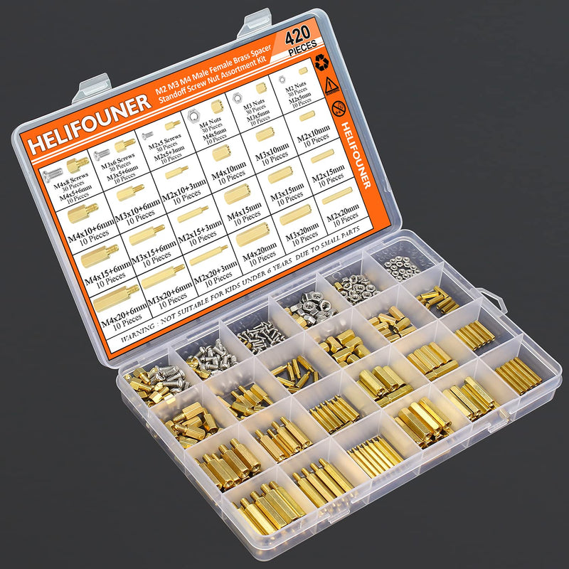 HELIFOUNER 420 Pieces M2 M3 M4 Male Female Hex Brass Spacers Standoffs Screws Nuts Assortment Kit with a Tweezers