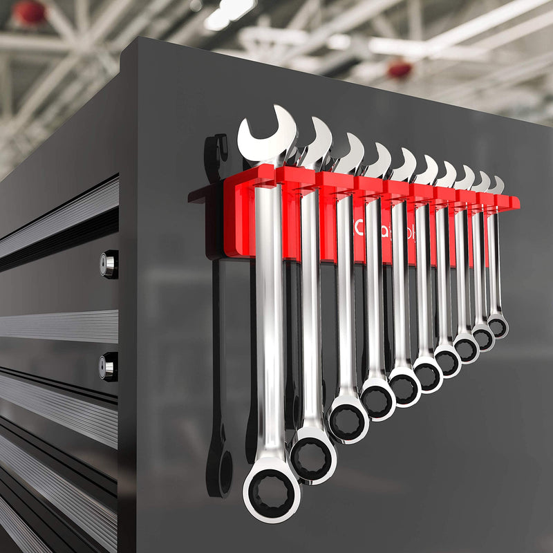 Olsa Tools Magnetic Wrench Organizer (Red) | Wrench Holder Fits Wrenches SAE 3/8" Thru 15/16" & Metric 10mm Thru 19mm | Professional Grade Red