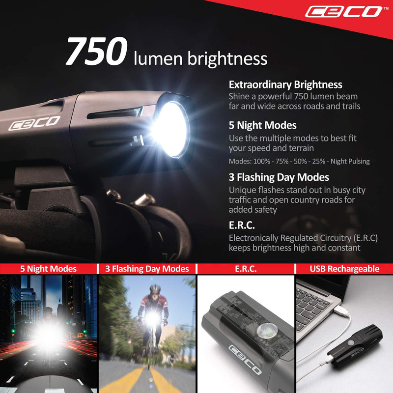 CECO-USA: 750 Lumen USB Rechargeable Bike Light – Tough & Durable IP67 Waterproof & FL-1 Impact Resistant – Super Bright Model F750 Bicycle Headlight – for Commuters, Road Cyclists, Mountain Bikers
