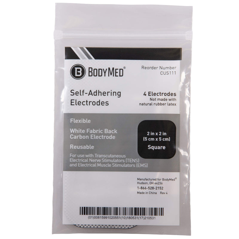 BodyMed TENS/EMS Unit 4 Electrode Pads 2"x2" Square, 10 Pack, Self-Adhesive, Reusable Electrodes - Fabric Back for Flexibility, Includes Gel