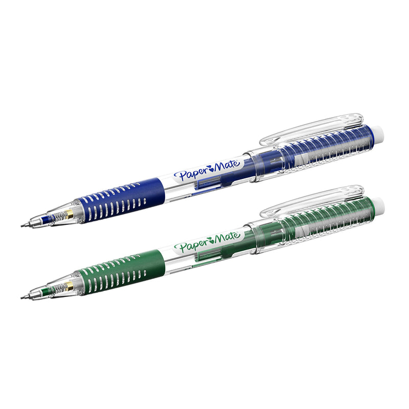 Paper Mate Clearpoint Break-Resistant Mechanical Pencils, HB #2 Lead (0.7mm), 2 Pencils (Dark Blue and Dark Green), 1 Lead Refill Set, 2 Erasers Blue and Green