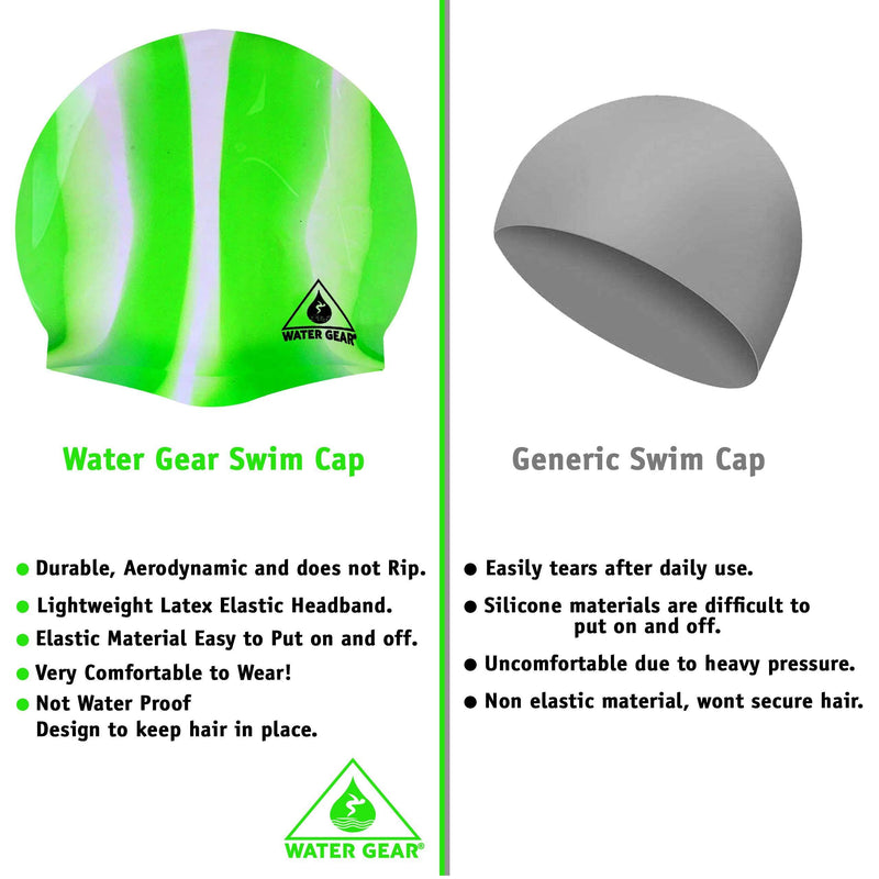 Water Gear Silicone Adult Swim Cap - Flexible Unisex Waterproof - Great for Short and Long Hair - Improve Your Performance - Women Men and Teens -Triathlon Swimmers and Athletes GREEN/WHITE