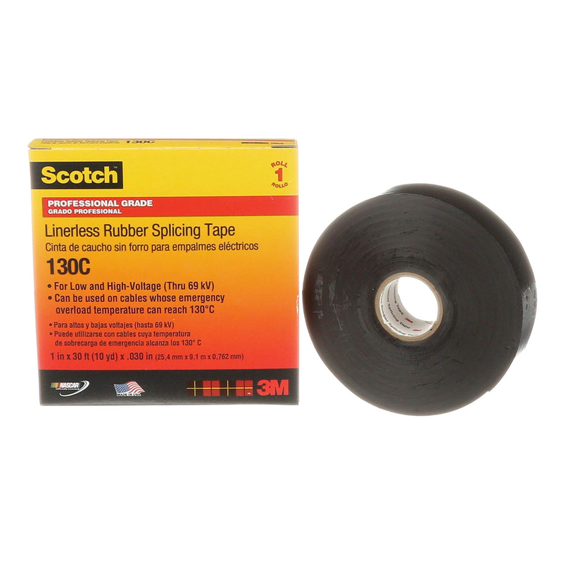 Scotch Linerless Electrical Splicing Tape 130C for Wires and Cables, 1 in x 30 ft, Rubber Backing, Self Fusing, UV Resistance, Highly Conformable, Moisture Seal, Black, 1 Roll