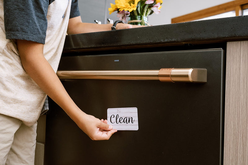 Black and White Wood Clean Dirty Dishwasher Magnet, Reversible Dish Washer Sign, Double Sided Strong Kitchen Flip Indicator, Bonus Universal Magnetic Plate, Neutral Rustic White and Black Magnet Black & White