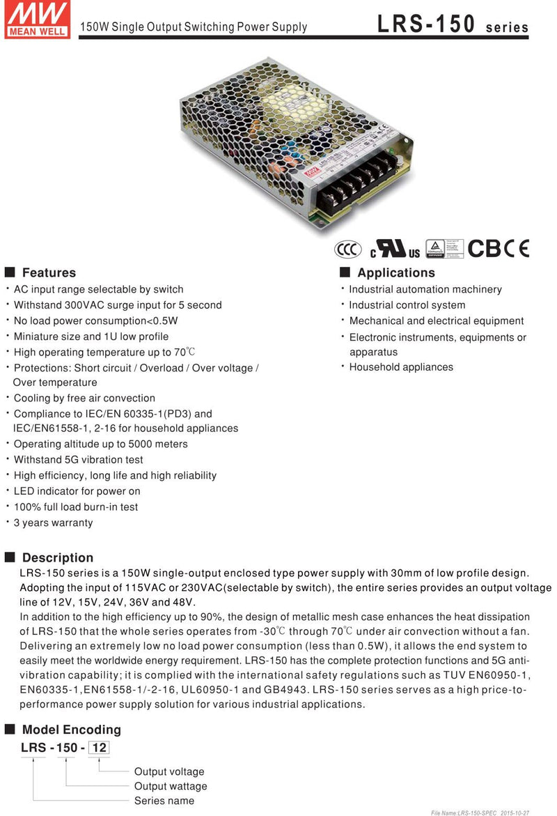 Mean Well LRS-150-24 Switching Power Supply, Single Output, 24V, 6.5A, 156W, 6.26" L x 3.82" W x 1.18" H