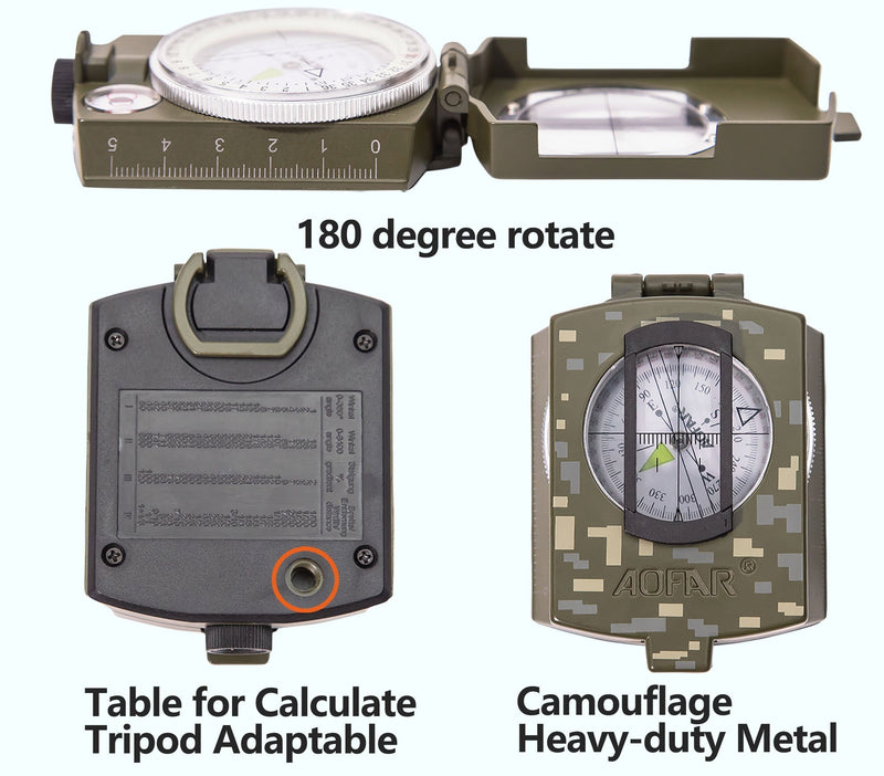 AOFAR Military Compass,AF-4580 Lensatic Sighting, Waterproof and Shakeproof with Map Measurer Distance Calculator, Pouch for Camping, Hiking Camouflage