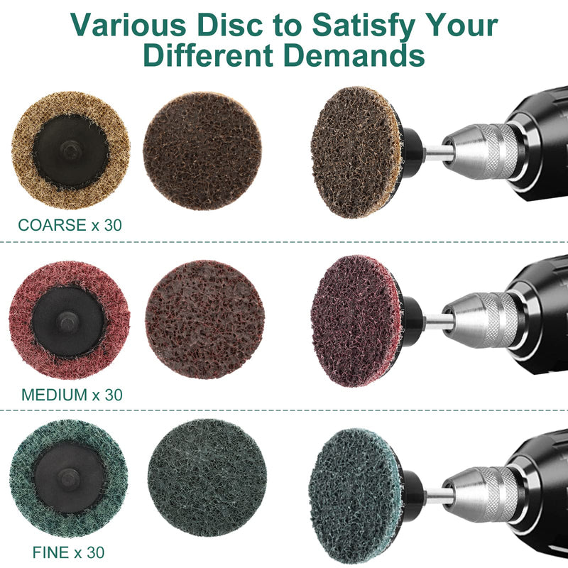 SUNJOYCO 90pcs 2 inch Nylon Quick Change Sanding Discs Surface Conditioning Disc 1/4" Roll Lock Holder Die Grinder Sanding Disc Fine Medium Coarse for Surface Strip Grind Polish Burr Finish