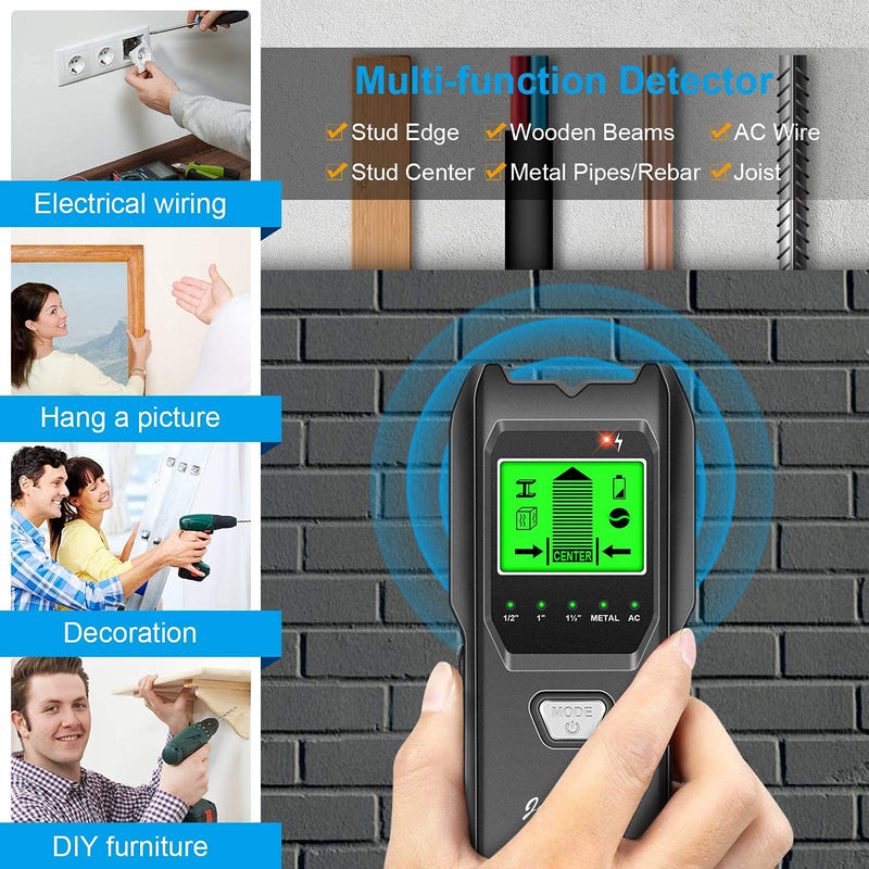 Stud Finder Wall Scanner, 5 in 1 Multifunction Stud Locator with Upgraded Smart Sensor, HD LCD Display and Audio Alarm for The Center and Edge of Metal, Studs, AC Wire, and Pipe Detection Black