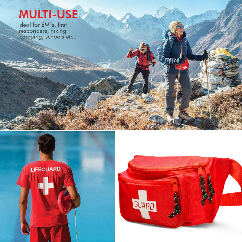 NOVAMEDIC First Aid Empty Fanny Pack, 8"x2"x6", Waist Bag with 3 Zippered Compartments & Adjustable Strap for Lifeguard, Hiking, Travel Men & Women, Durable, Red