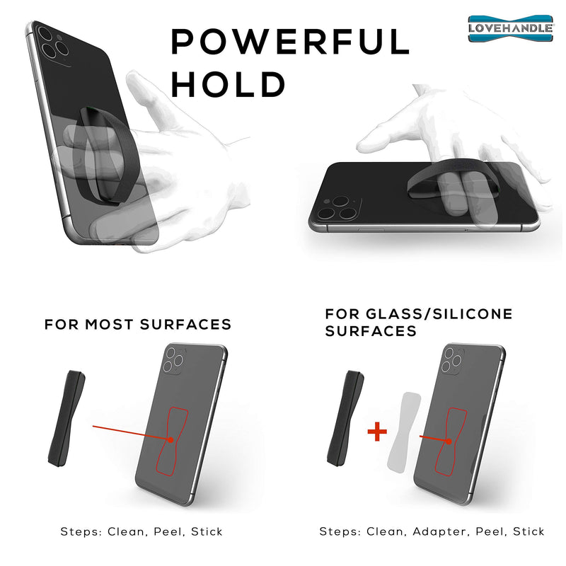 Love Handle Cell Phone Grip Holds Device with just a Finger - Ultra Slim Pocket Friendly Finger Strap for iPhone and Mini Tablet - Grip it Securely for Texting, Photos and Selfies (Black 2-Pack)