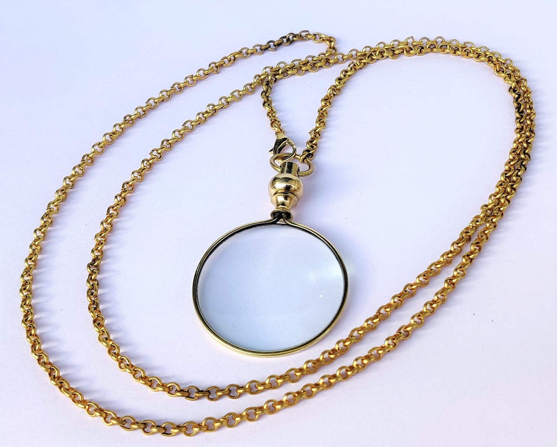 Arch Instruments Brass Round Gold Magnifying Glass, Optical Magnifier Lens with Gold Sleek Necklace Chain Monocle for Library Reading Fine Print Zooming Increase Vision