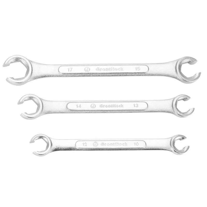 GreatNeck Metric Flare Nut Wrench Set, Open Heads For Fastening Nuts to Tubing, Grips Soft-Metaled Fasteners Without Harm, Useful Car Repair Tool, Brake Lines, Power-Steering System 3PC Set Metric
