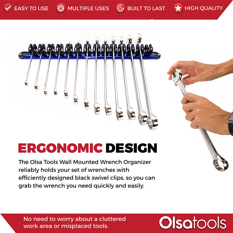 Olsa Tools Wall Mount Wrench Organizer with Rotating Clips | Blue Anodized Aluminum + Black Clips | Premium Quality Wrench Holder | 14 Wrenches Fit Rack Blue Aluminum + Black Clips