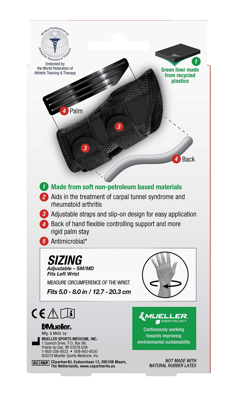 Mueller Green Fitted Wrist Brace, Black, Left Hand, Small/Medium (5-8) Small/Medium (Pack of 1)