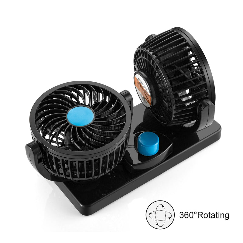 FiveJoy 360 Degree Rotatable Car Fan - 12V DC Electric 2 Speed Dual Head Fans, Quiet Strong Dashboard Cooling Air Circulator Fan for Sedan SUV RV Boat Auto Vehicles Golf or Home