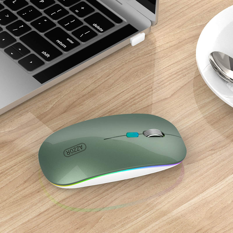 LED Wireless Mouse, G12 Slim Rechargeable Wireless Silent Mouse, 2.4G Portable USB Optical Wireless Computer Mice with USB Receiver and Type C Adapter (Blacklish Green) Blacklish Green