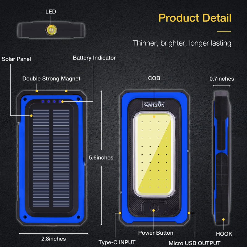 WARSUN Led Work Light, Rechargeable Work Light,Portable Magnetic Work Light, Waterproof LED Solar Flood Lights for Outdoor Camping Hiking Emergency Car Repairing (USB + Solar Charging, Blue) USB + Solar Charging