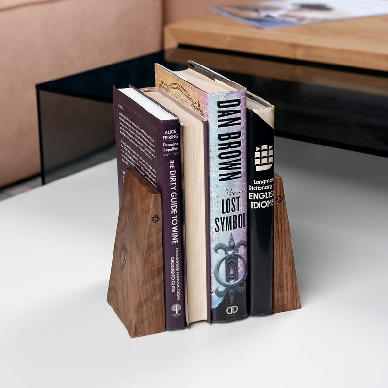 TILISMA Handmade Wooden Book Ends - Decorative Bookends for Shelves - Sturdy Book Holders for Heavy Books - Walnut Tree