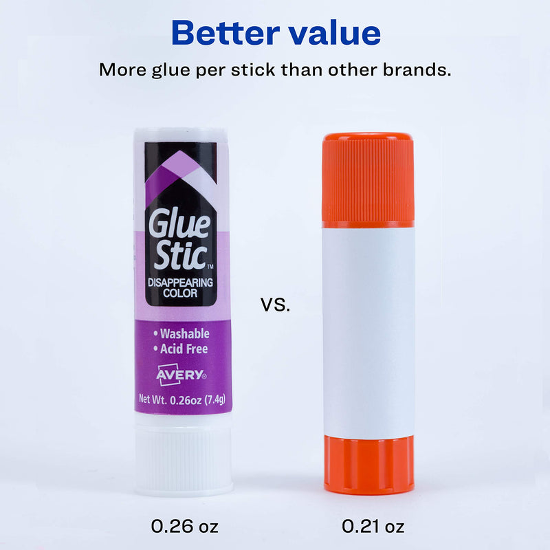 Avery Glue Stic Disappearing Purple Color, 0.26 oz., Washable, Nontoxic, Permanent Adhesive, 18 Glue Sticks (98079) 18 Pack