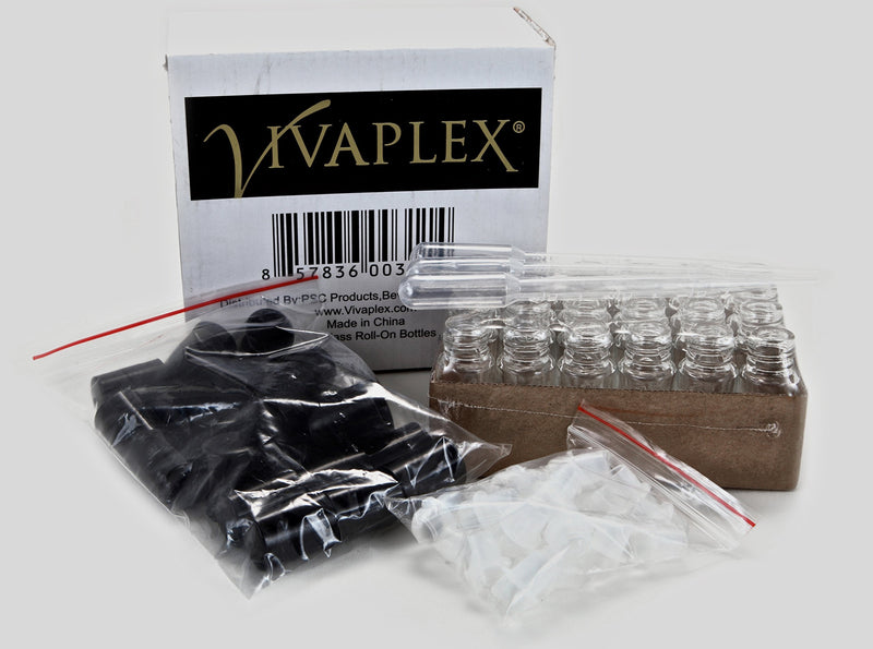 24, Clear, Mini (Approx. 4 ml, 1/8 fl. oz) Glass Roll on Bottles, with 3-3 ml Droppers