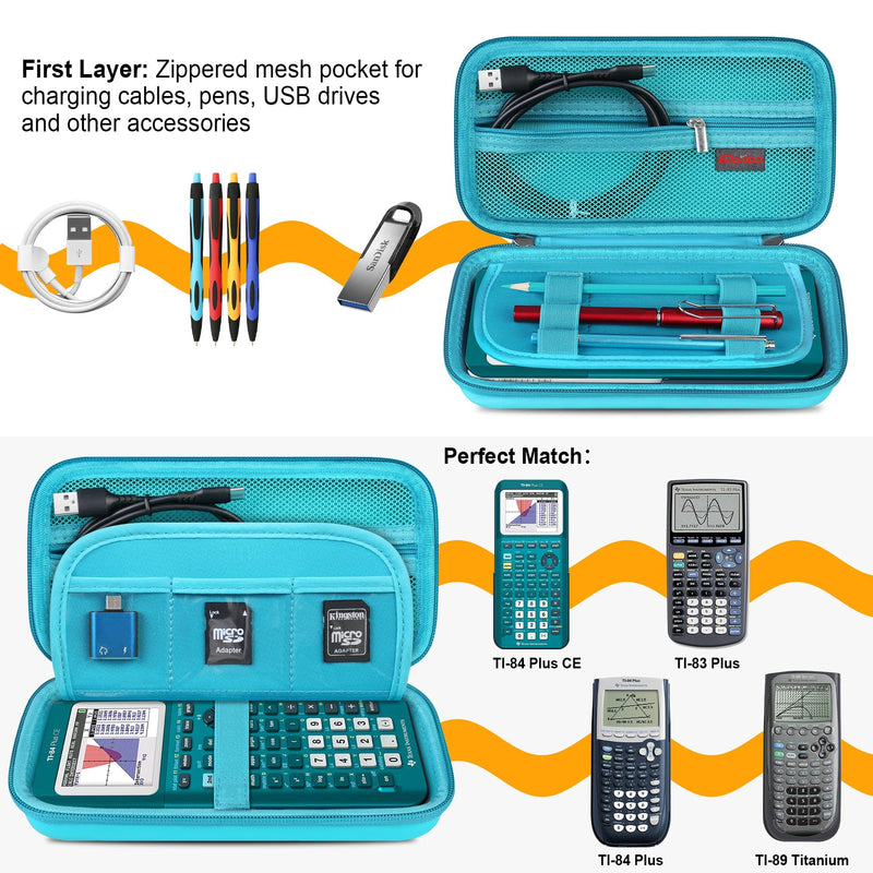 Elonbo Hard Travel Case for Texas Instruments TI-84 Plus CE/TI-84 Plus/TI-83 Plus CE Color Graphing Calculator, Extra Zipped Pocket fit Charging Cable Charger Manual. Green